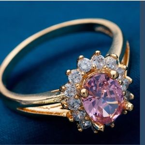 18K GP signed pink Sapphire white Zirconia Wedding Ring